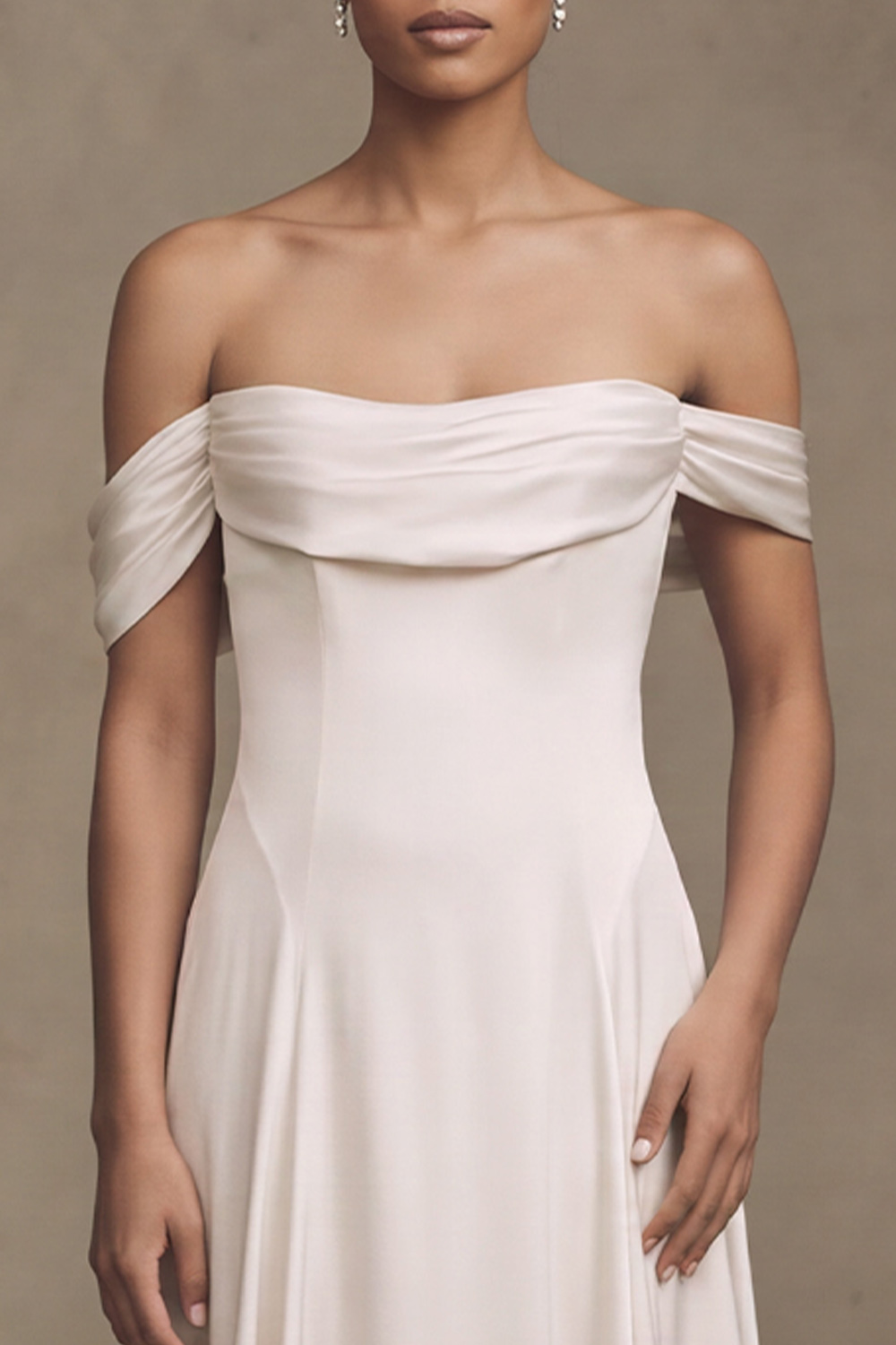 White A-Line Off the Shoulder Draped Sweep Train Wedding Dress