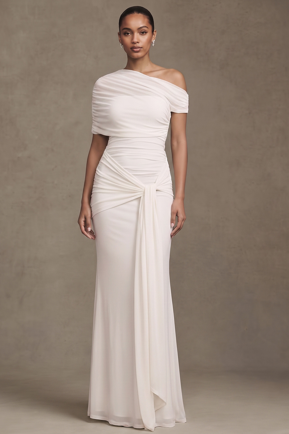 White Mermaid One Shoulder Ruched Sweep Train Wedding Dress