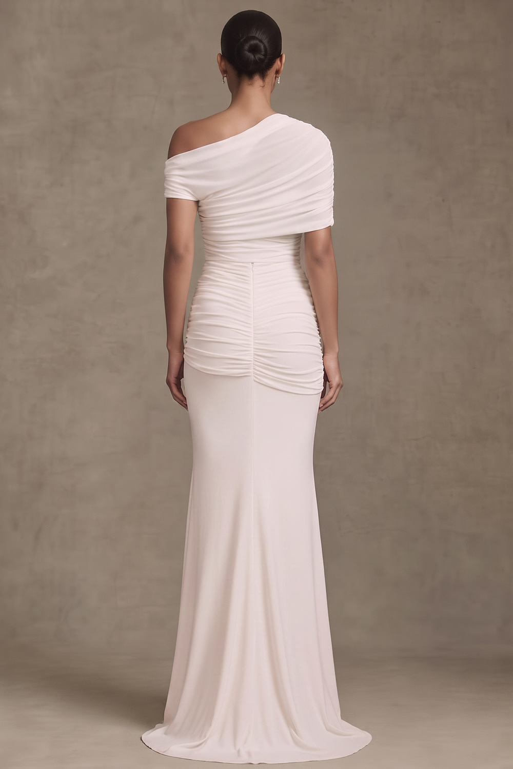 White Mermaid One Shoulder Ruched Sweep Train Wedding Dress