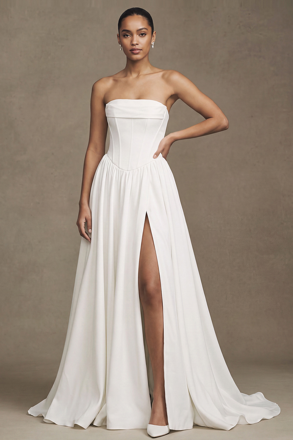 White Corset Strapless A-Line Sweep Train Satin Wedding Dress with Slit