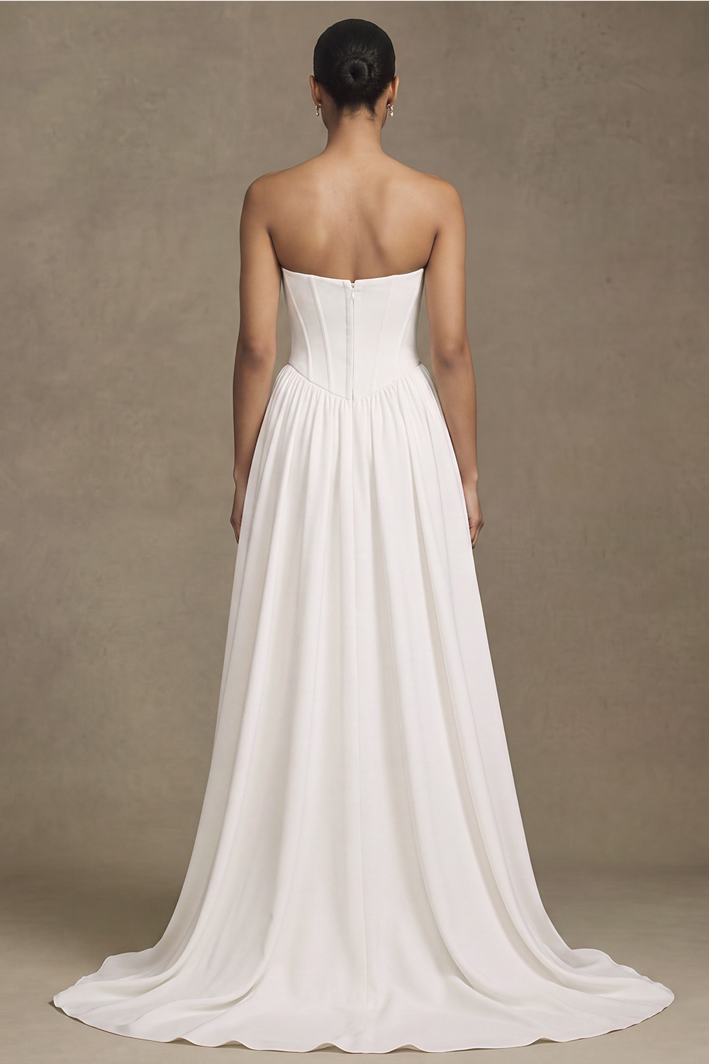 White Corset Strapless A-Line Sweep Train Satin Wedding Dress with Slit