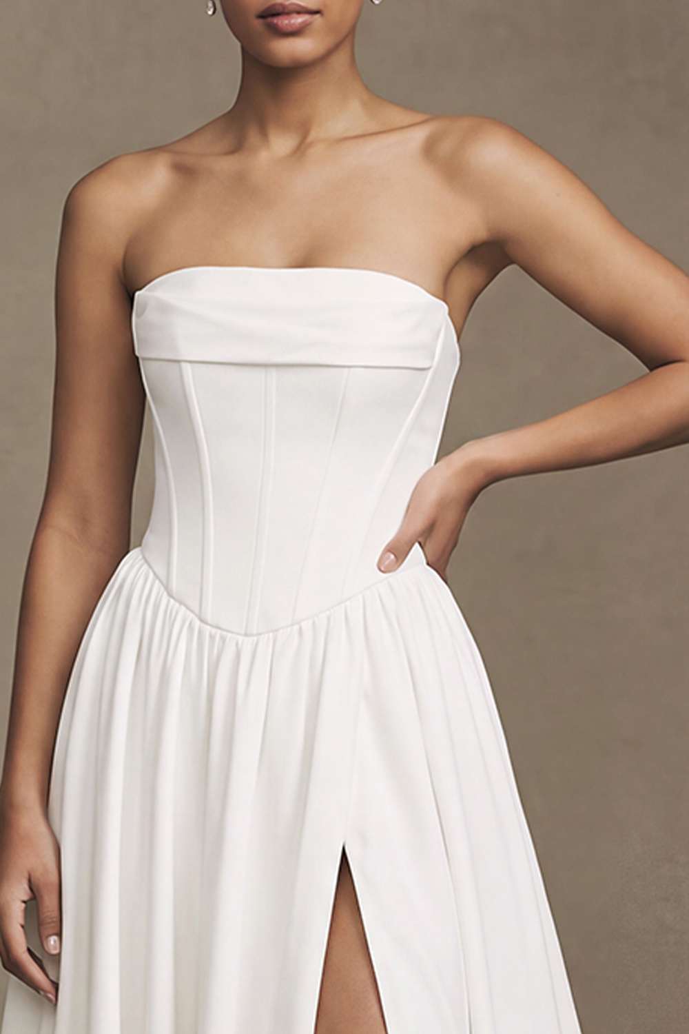 White Corset Strapless A-Line Sweep Train Satin Wedding Dress with Slit