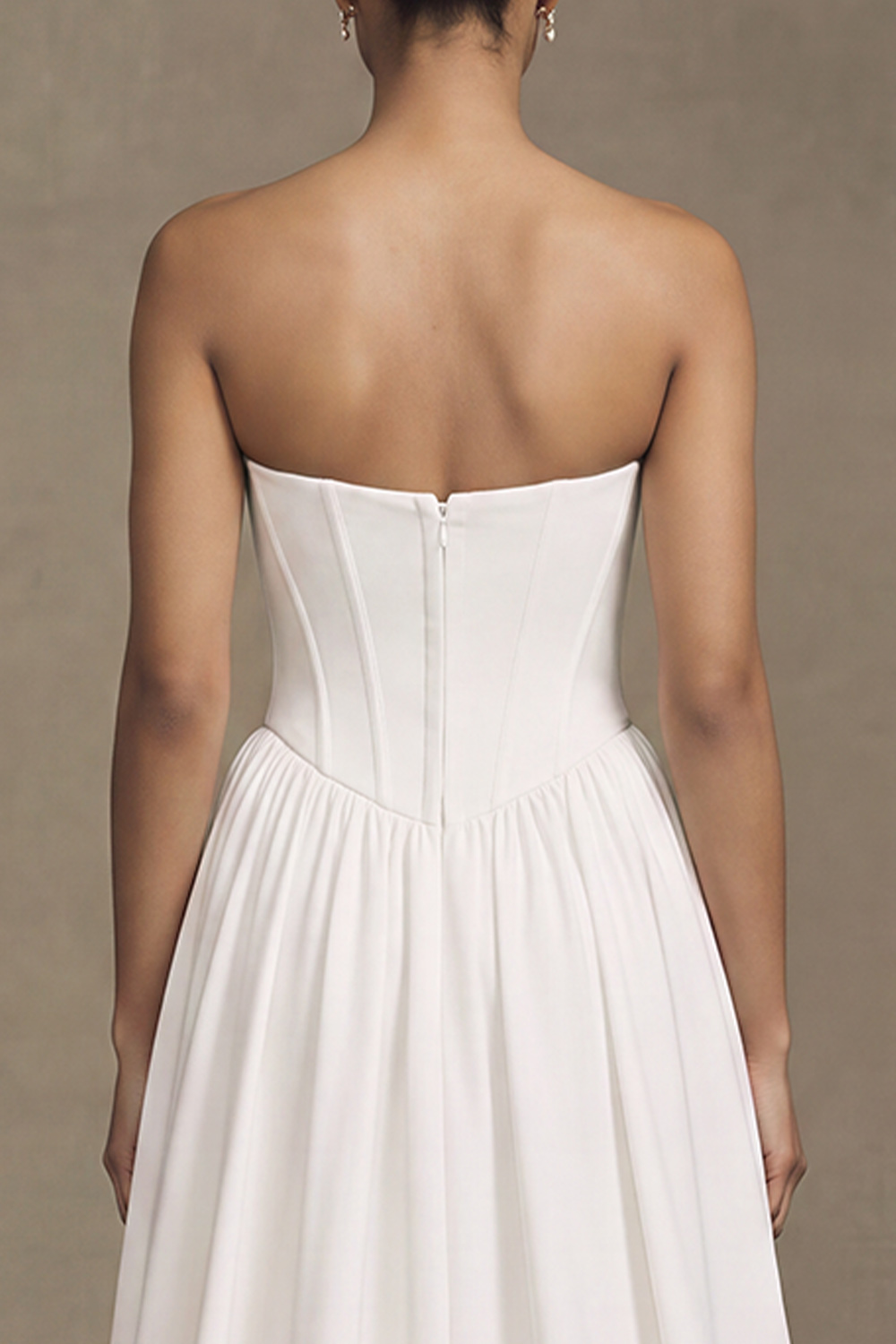 White Corset Strapless A-Line Sweep Train Satin Wedding Dress with Slit
