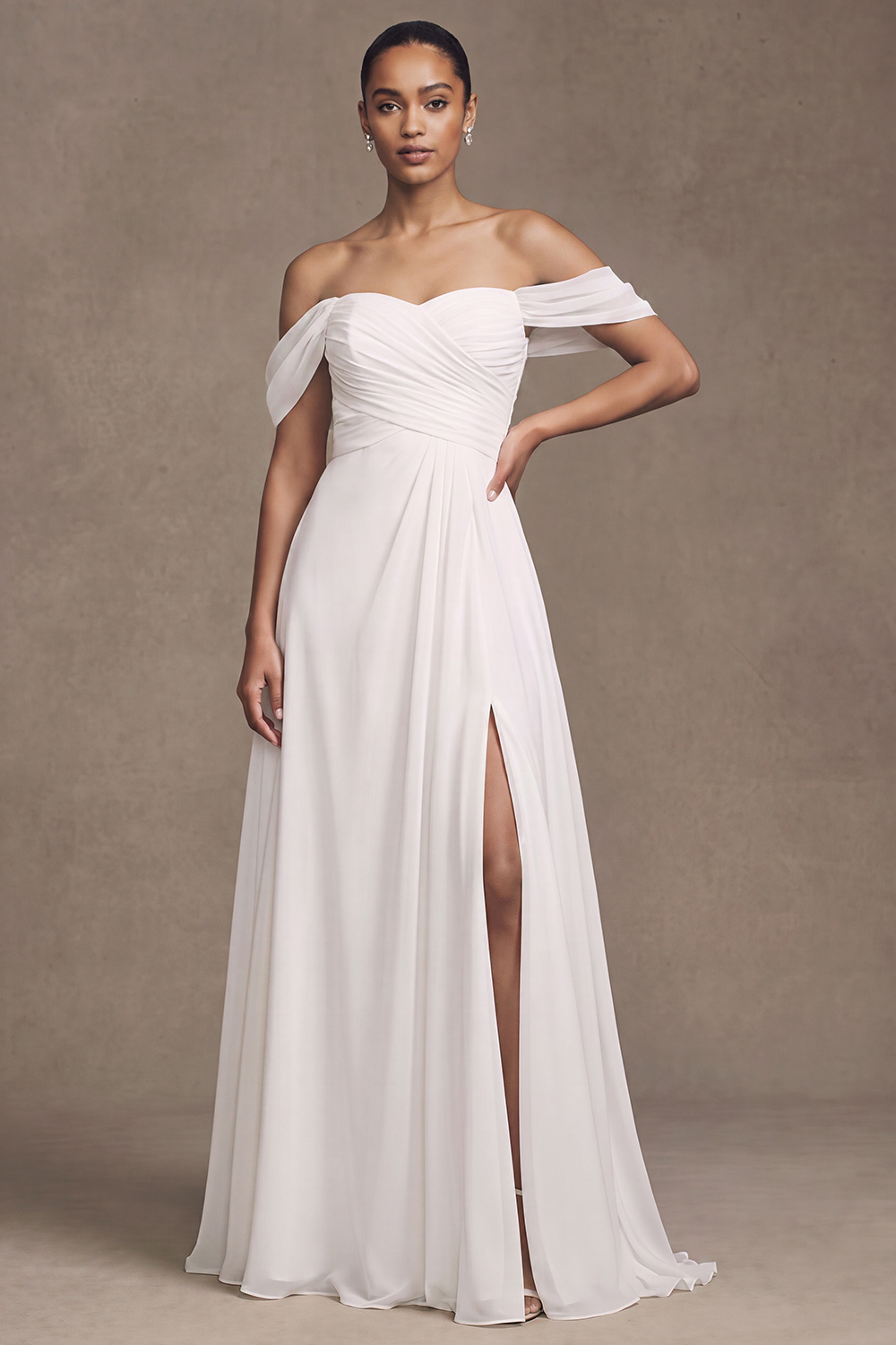 White A-Line Off the Shoulder Ruched Floor Length Wedding Dress with Side Slit