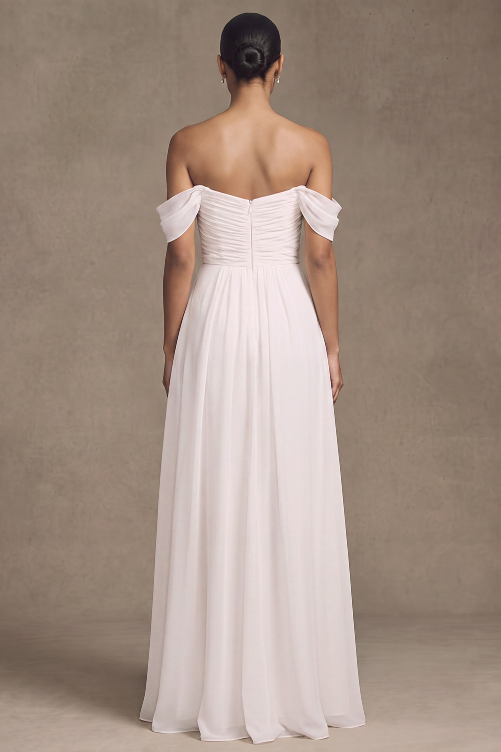 White A-Line Off the Shoulder Ruched Floor Length Wedding Dress with Side Slit