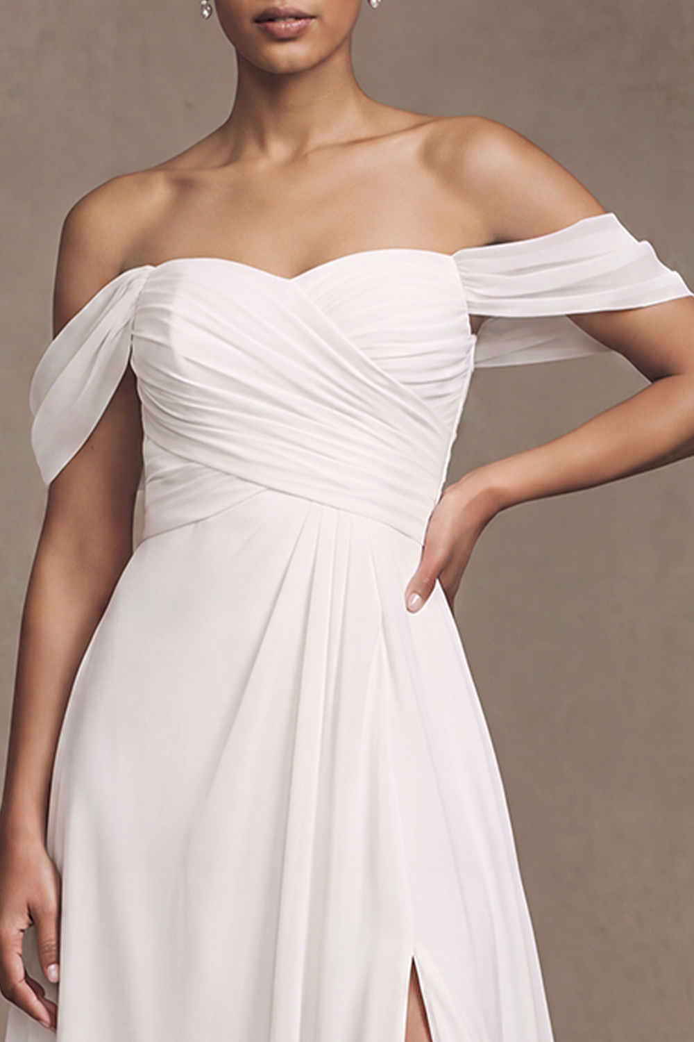 White A-Line Off the Shoulder Ruched Floor Length Wedding Dress with Side Slit