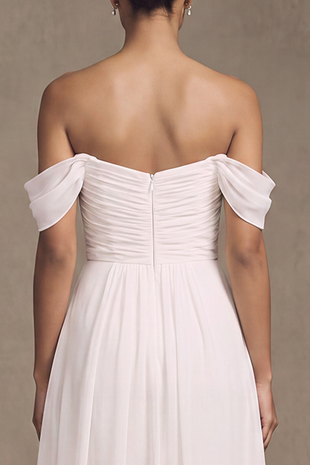White A-Line Off the Shoulder Ruched Floor Length Wedding Dress with Side Slit