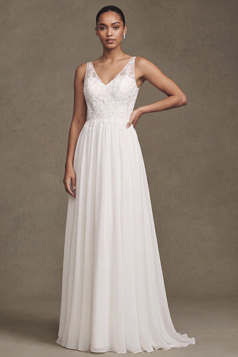 White A-Line V-Neck Chiffon Sweep Train Wedding Dress with Lace