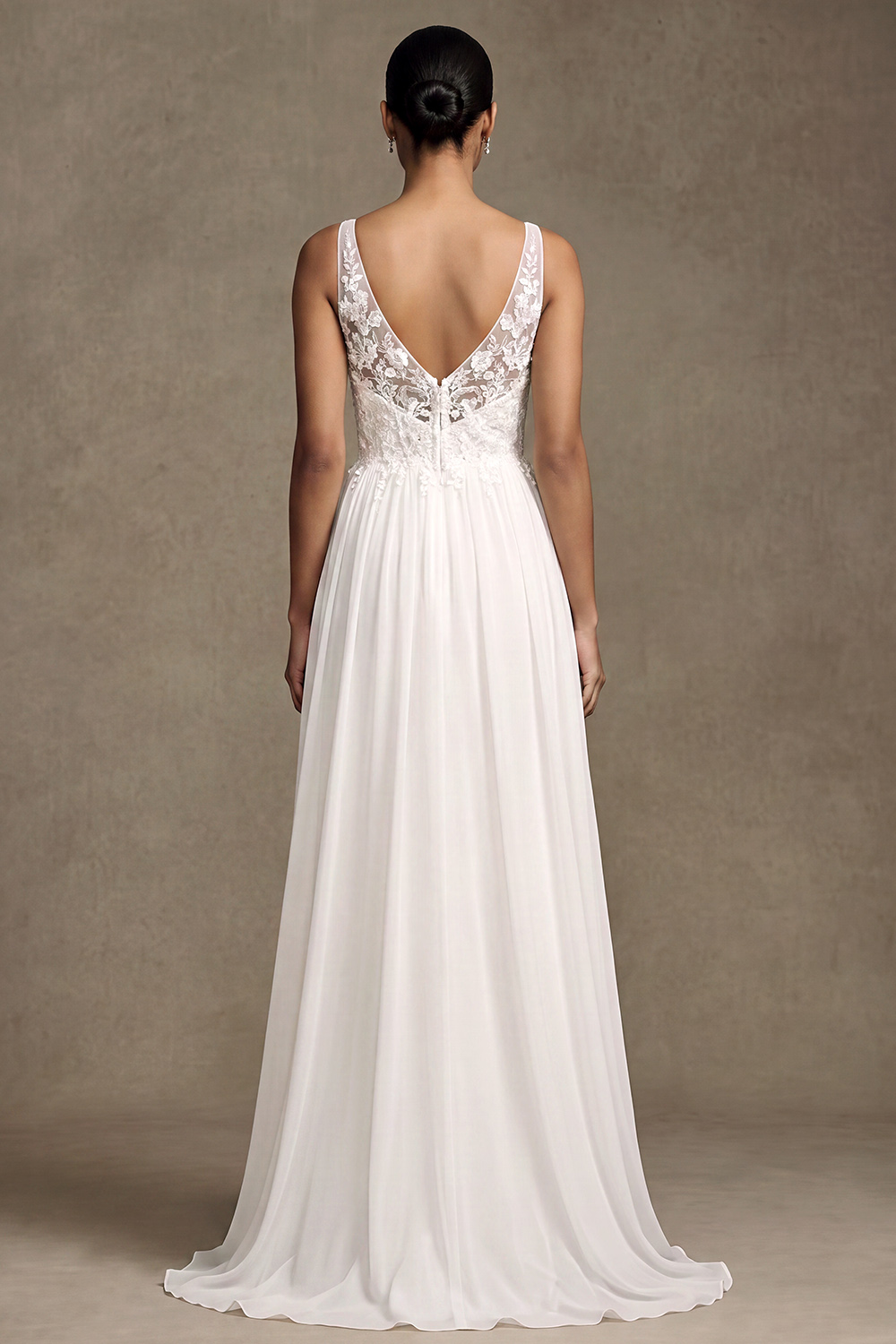 White A-Line V-Neck Chiffon Sweep Train Wedding Dress with Lace