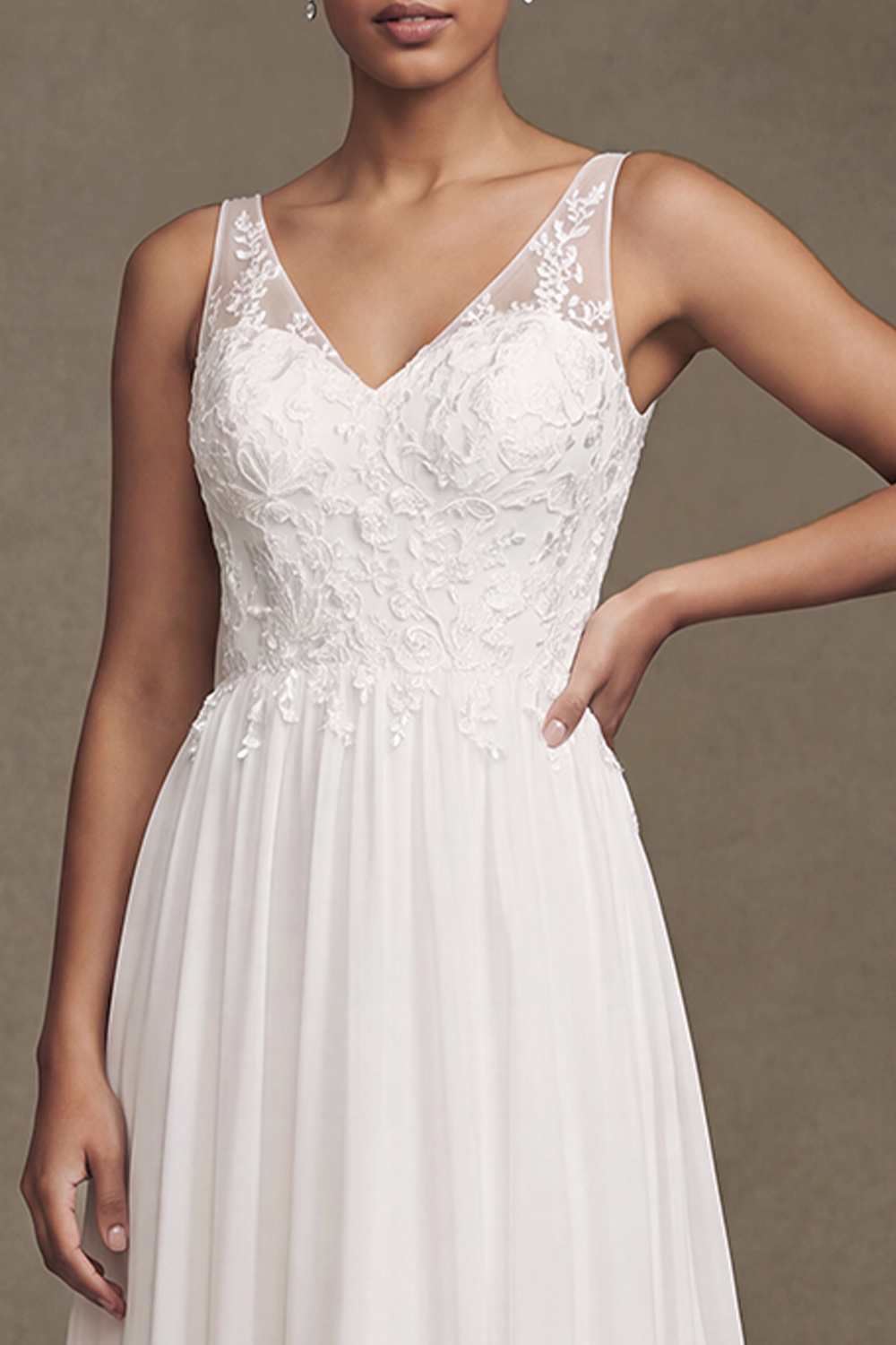 White A-Line V-Neck Chiffon Sweep Train Wedding Dress with Lace