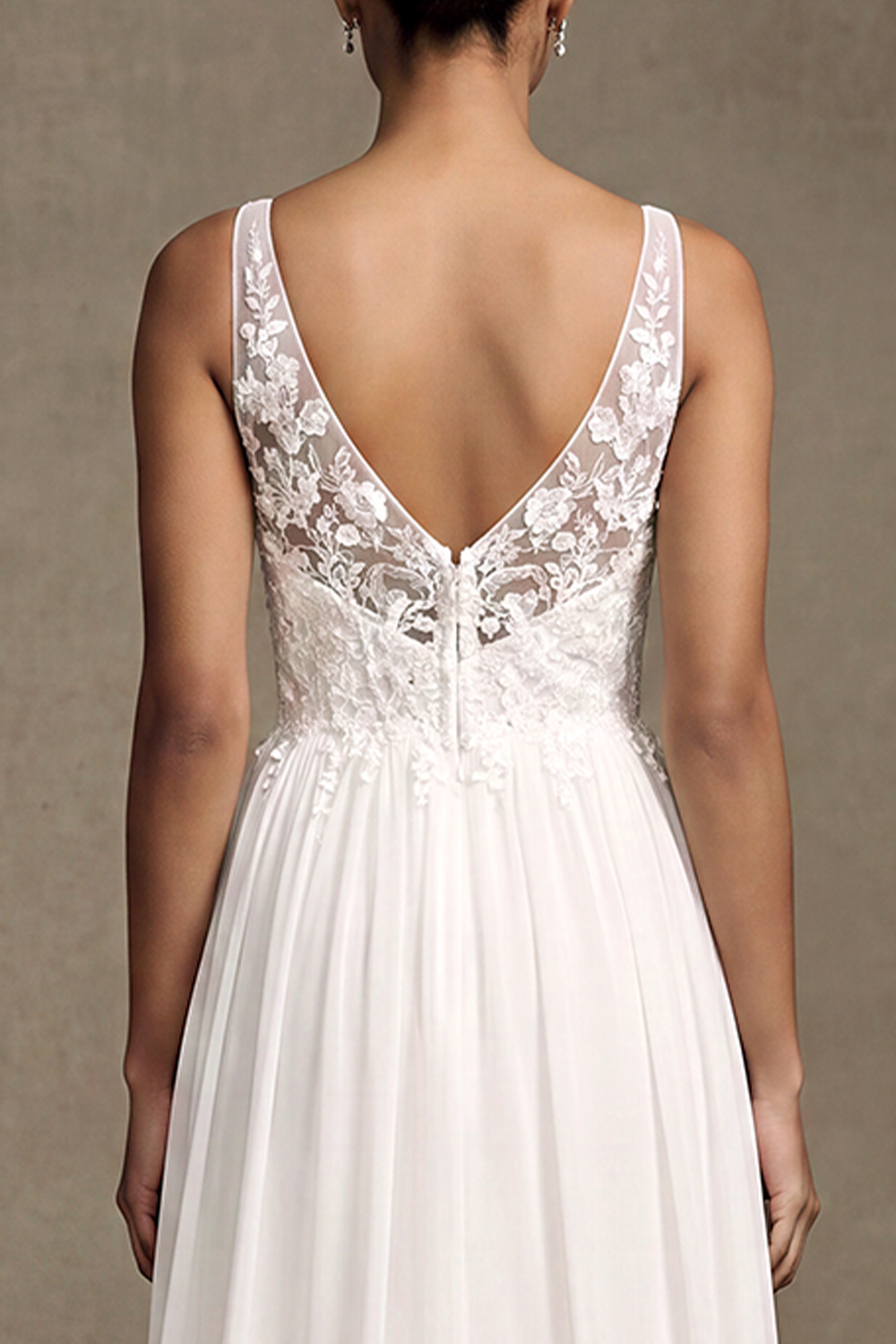White A-Line V-Neck Chiffon Sweep Train Wedding Dress with Lace