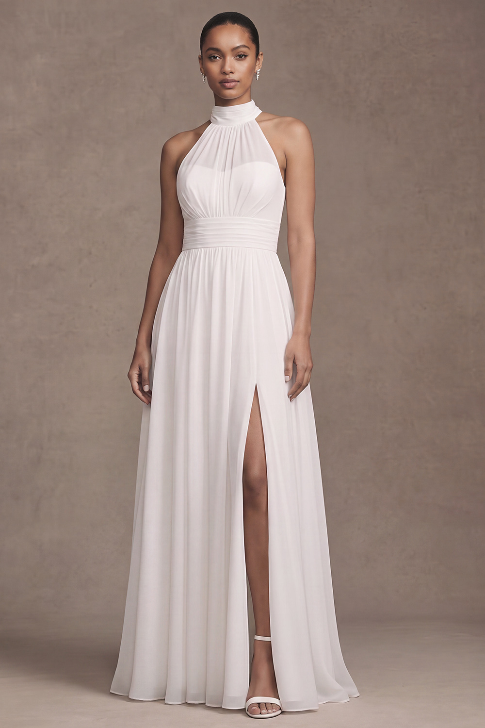 White A-Line High Neck Ruched Floor Length Boho Wedding Dress with Slit