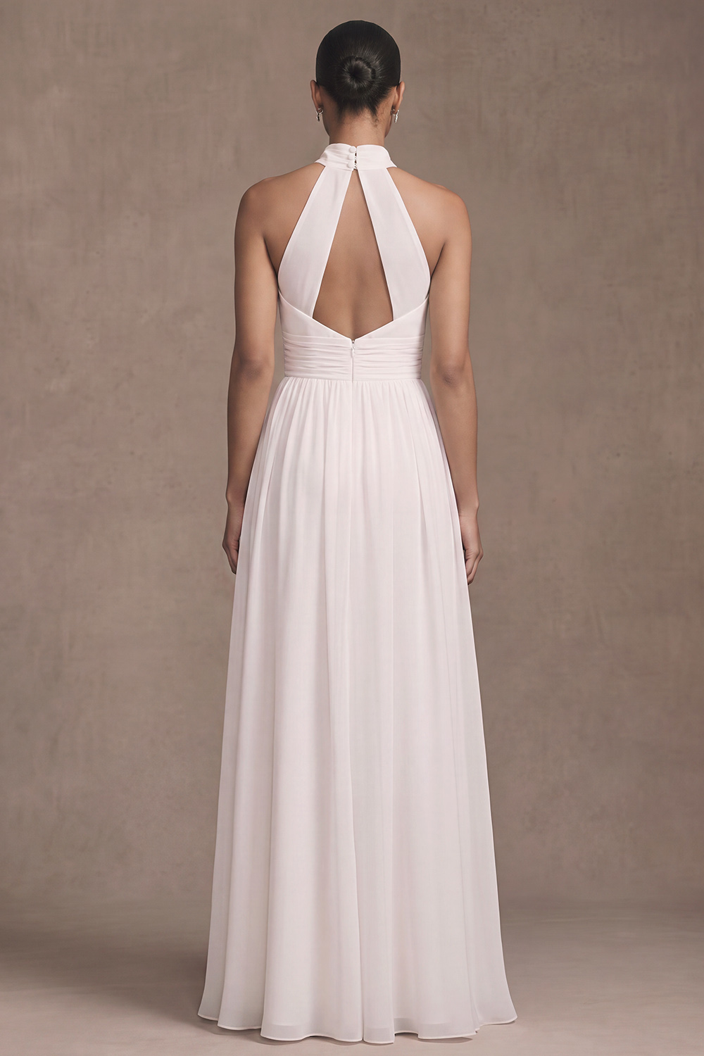 White A-Line High Neck Ruched Floor Length Boho Wedding Dress with Slit