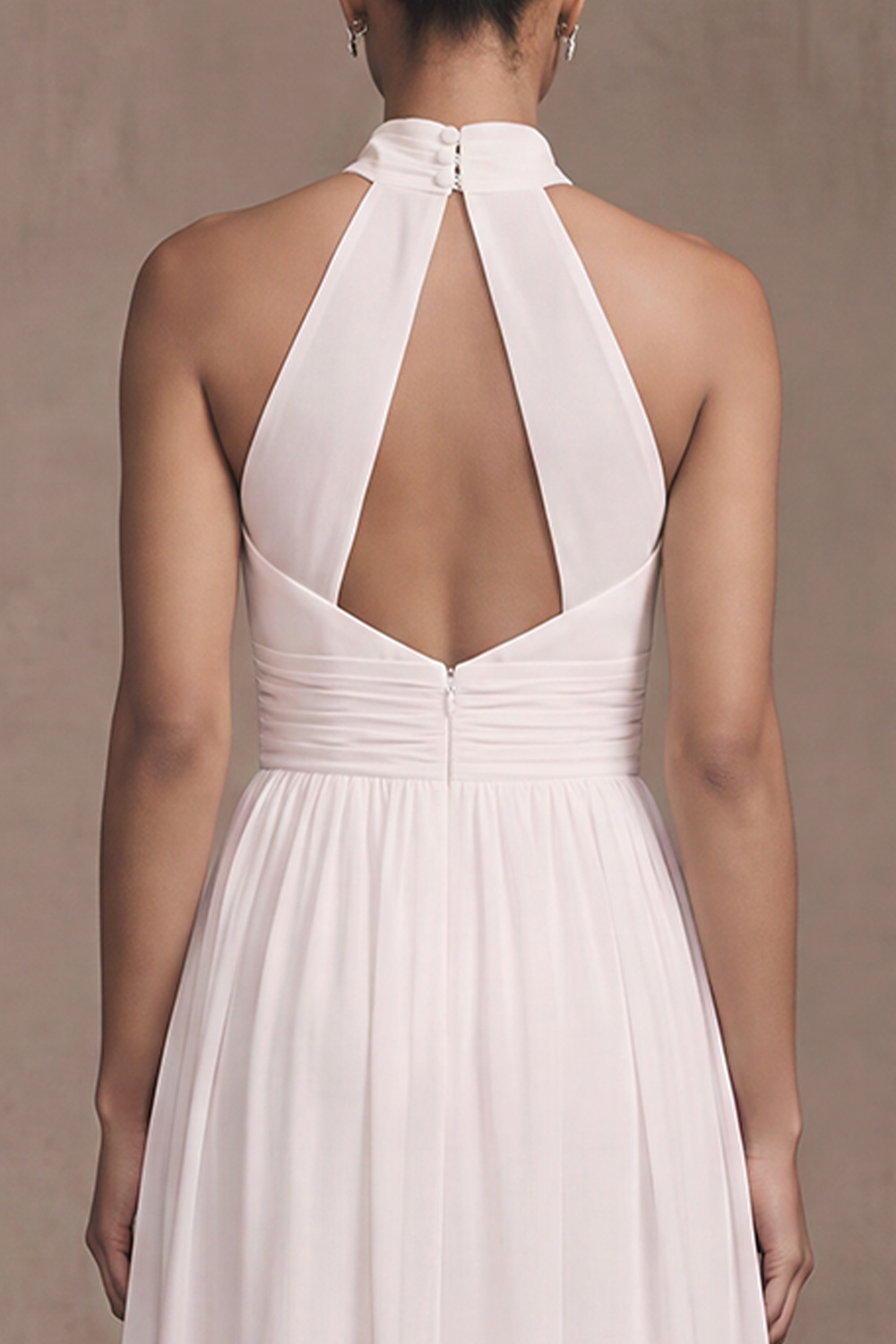 White A-Line High Neck Ruched Floor Length Boho Wedding Dress with Slit