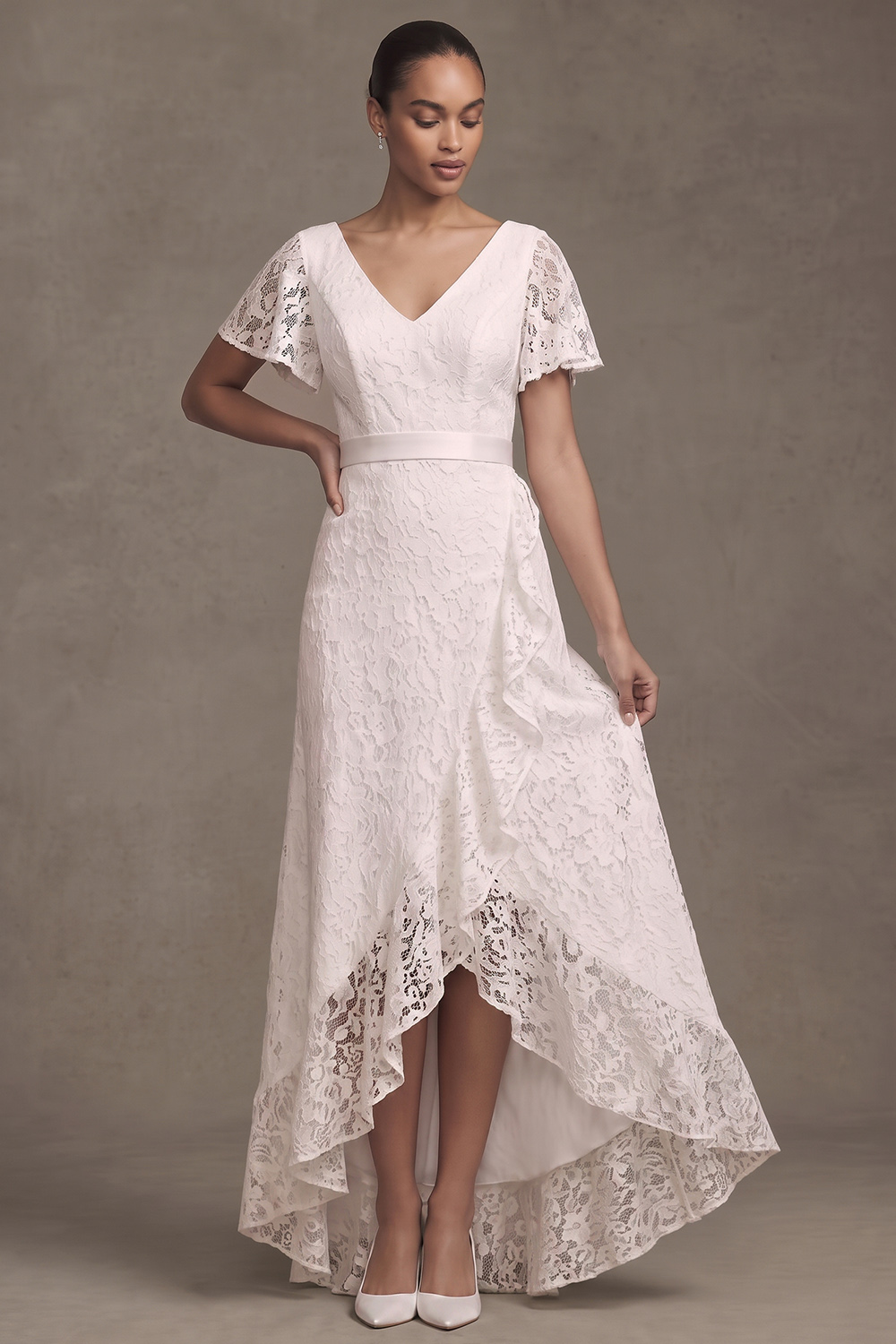 White Lace V-Neck Ruffled High-Low Wedding Dress