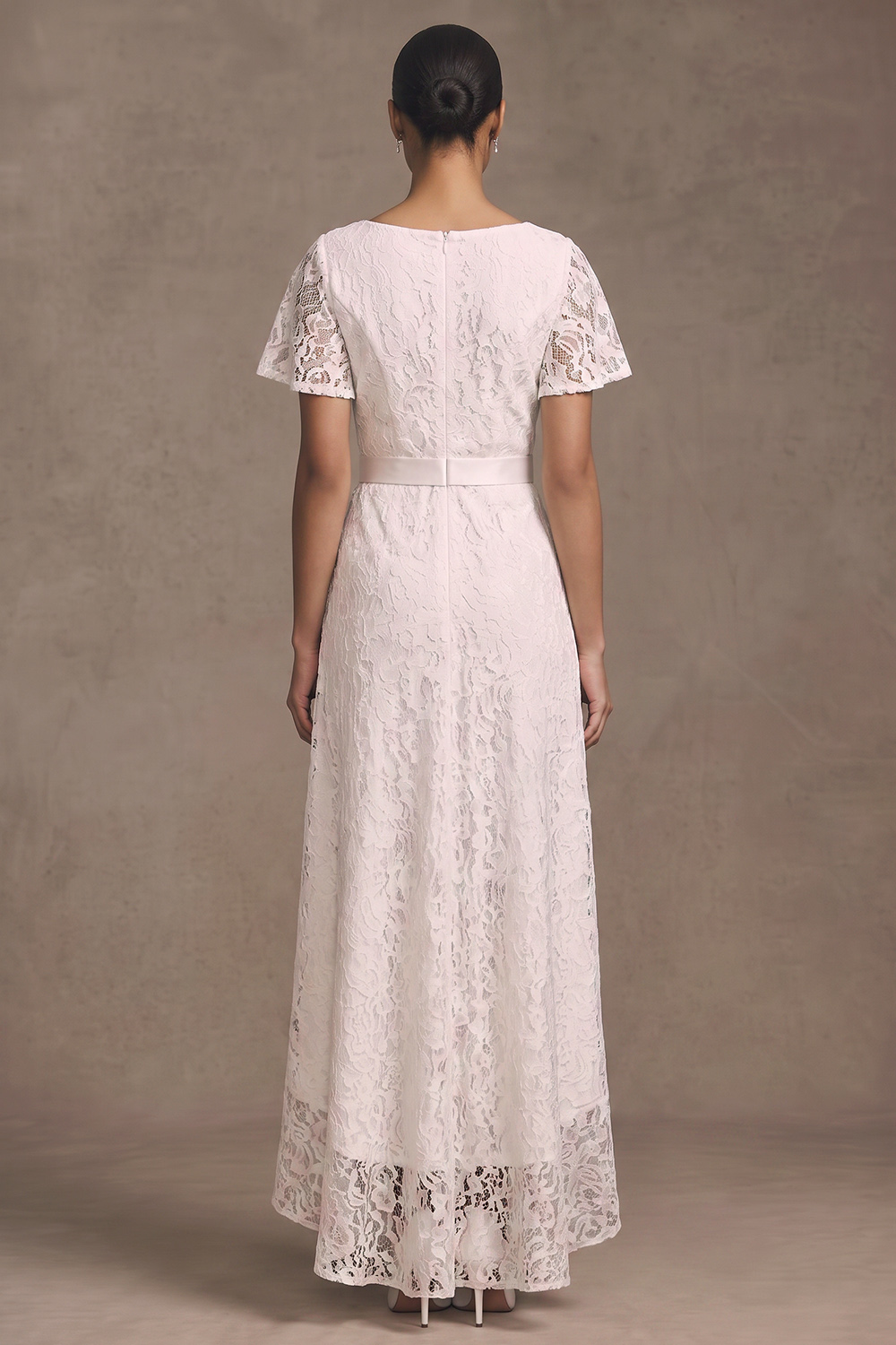 White Lace V-Neck Ruffled High-Low Wedding Dress
