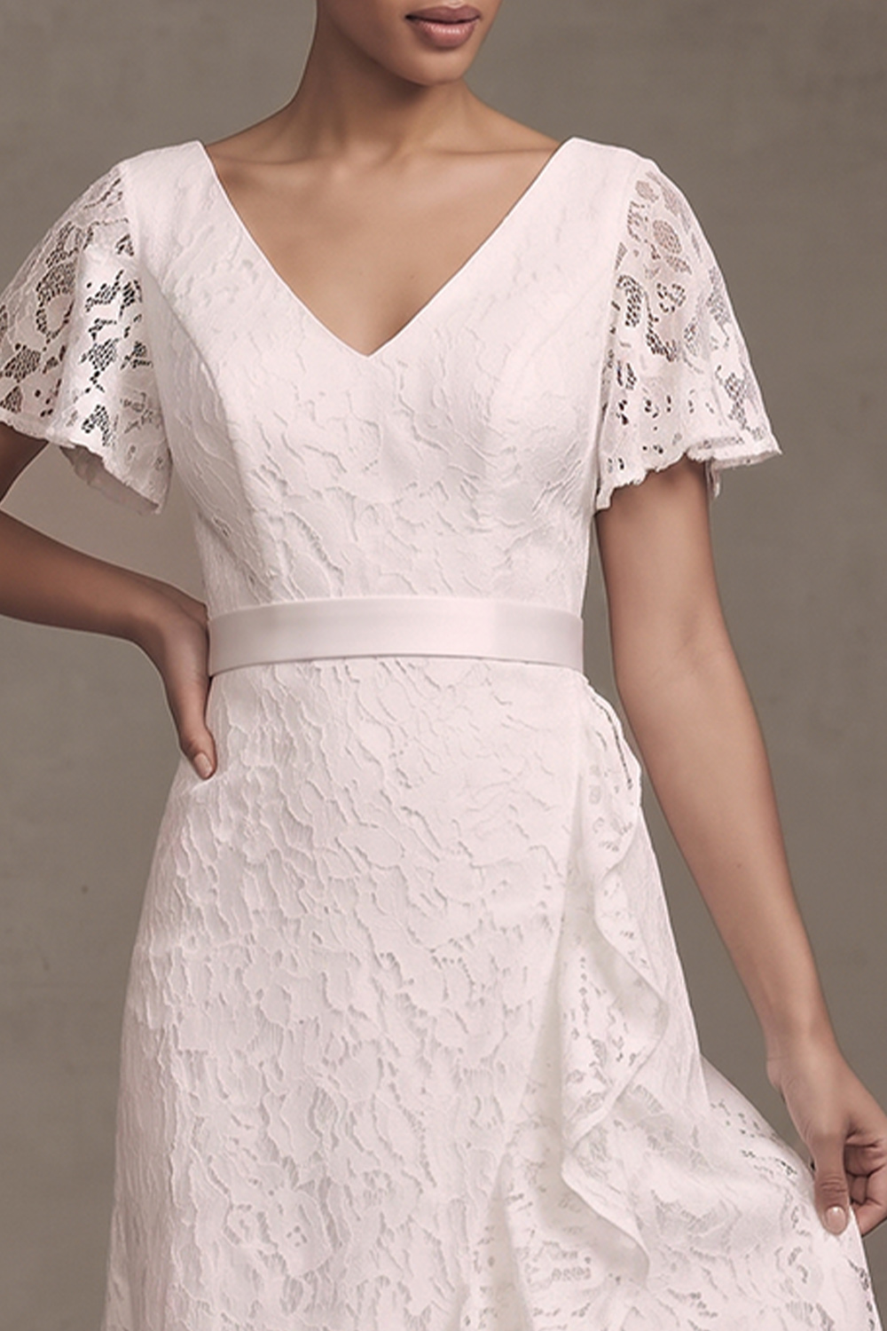 White Lace V-Neck Ruffled High-Low Wedding Dress