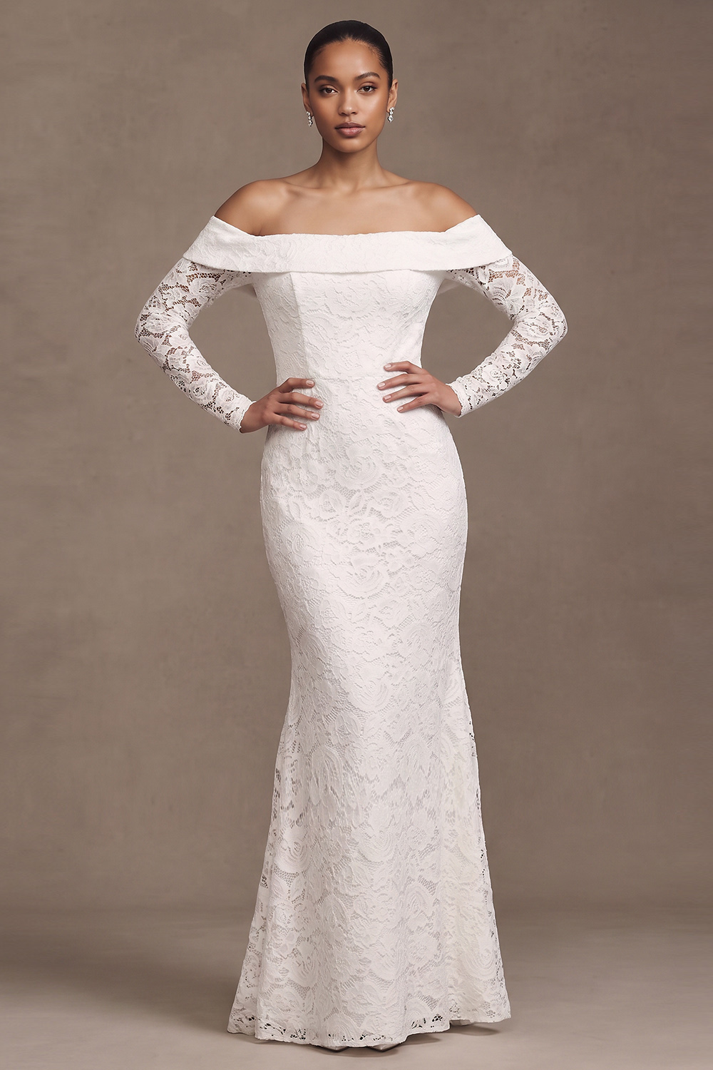 White Lace Mermaid Off the Shoulder Long Sleeves Wedding Dress