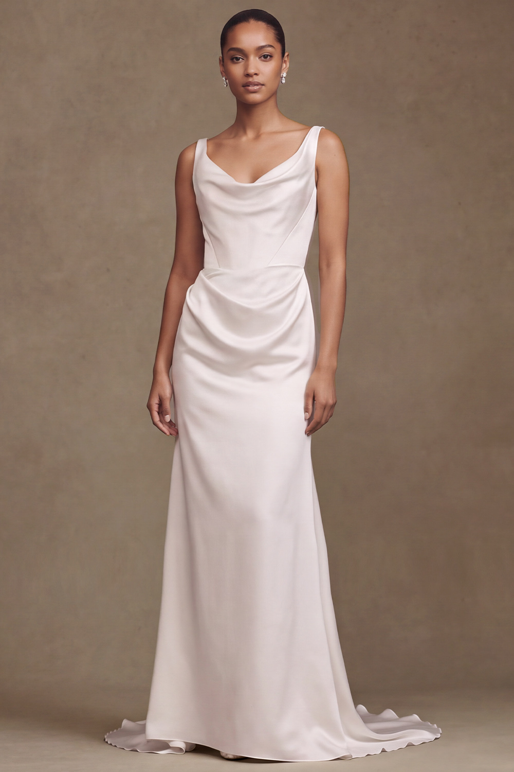 White Mermaid Cowl Neck Ruched Sweep Train Satin Wedding Dress