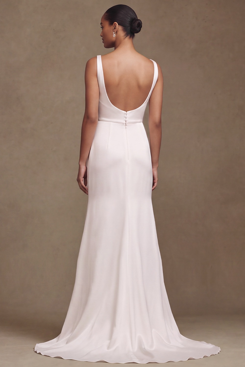 White Mermaid Cowl Neck Ruched Sweep Train Satin Wedding Dress