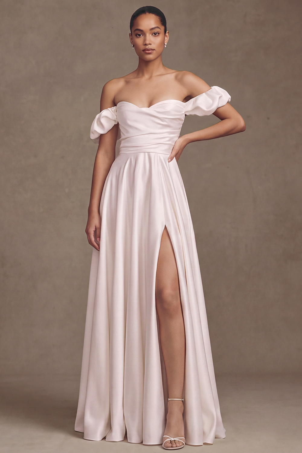 White A-Line Off the Shoulder Ruched Floor Length Satin Wedding Dress with Slit