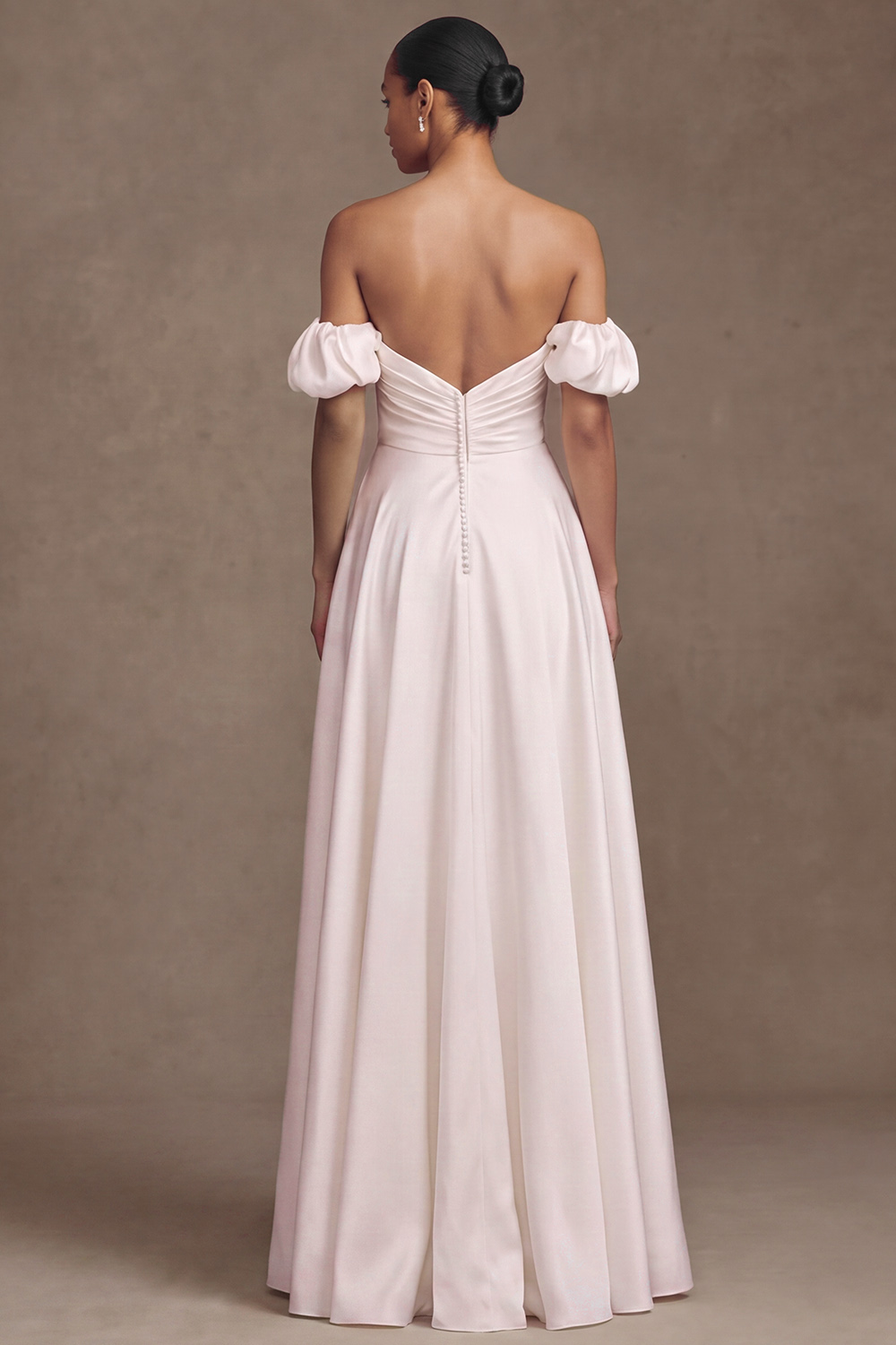 White A-Line Off the Shoulder Ruched Floor Length Satin Wedding Dress with Slit