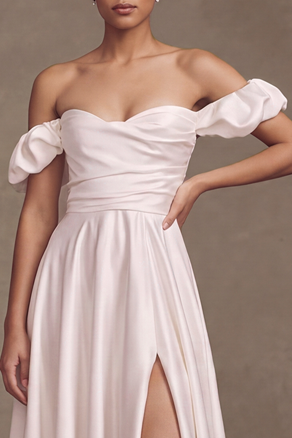 White A-Line Off the Shoulder Ruched Floor Length Satin Wedding Dress with Slit