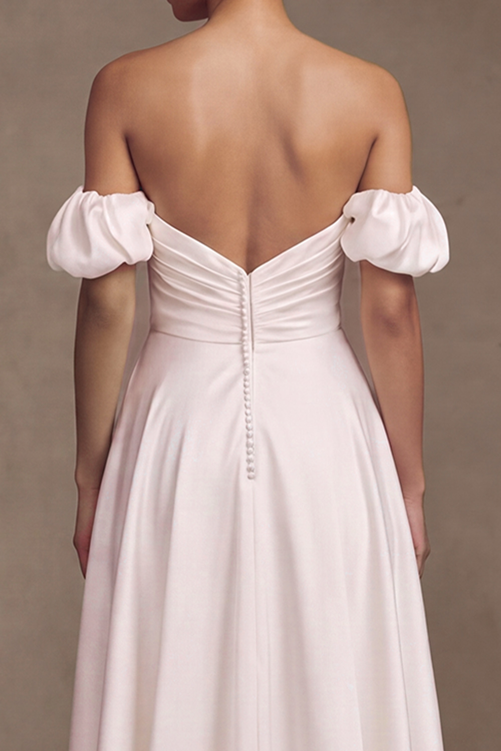 White A-Line Off the Shoulder Ruched Floor Length Satin Wedding Dress with Slit