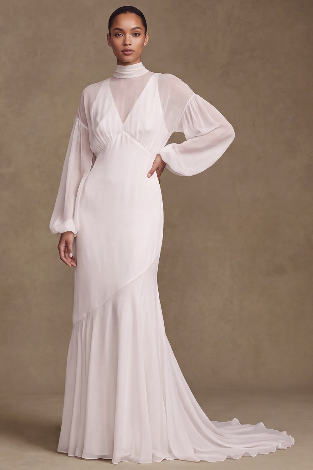 White Mermaid High Neck Puff Sleeves Sweep Train Beach Wedding Dress