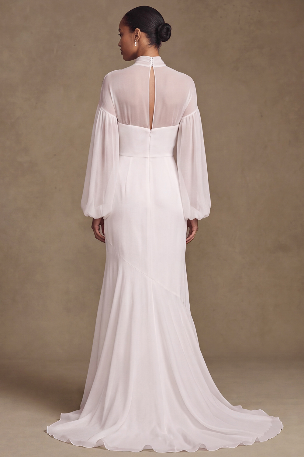 White Mermaid High Neck Puff Sleeves Sweep Train Beach Wedding Dress