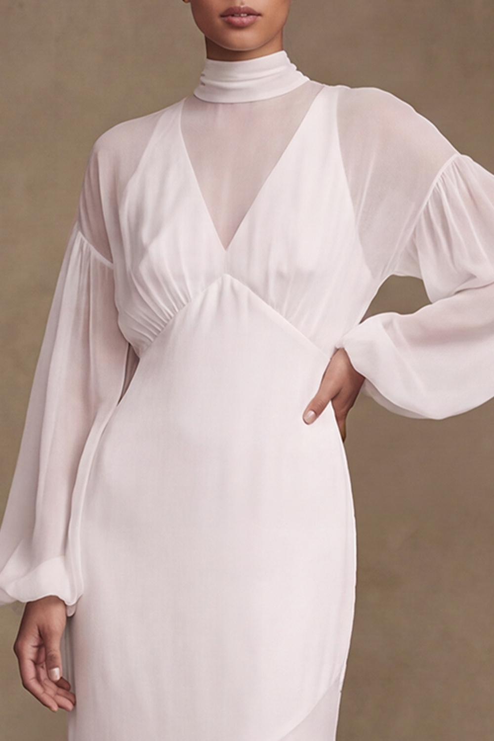 White Mermaid High Neck Puff Sleeves Sweep Train Beach Wedding Dress