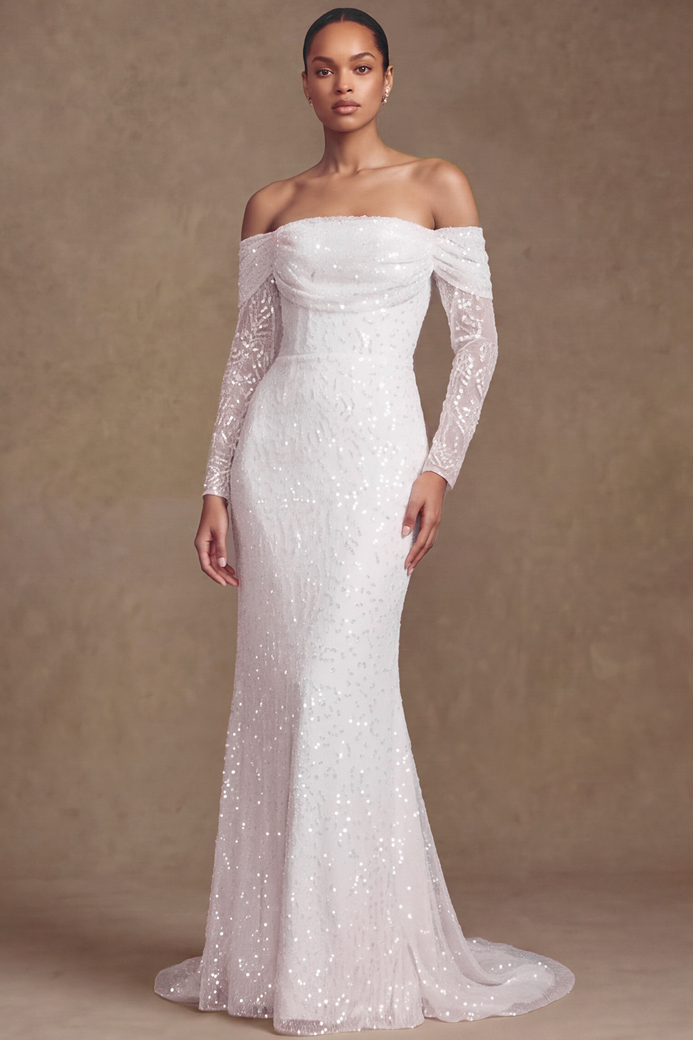 Glitter White Mermaid Off the Shoulder Sequins Sweep Train Wedding Dress