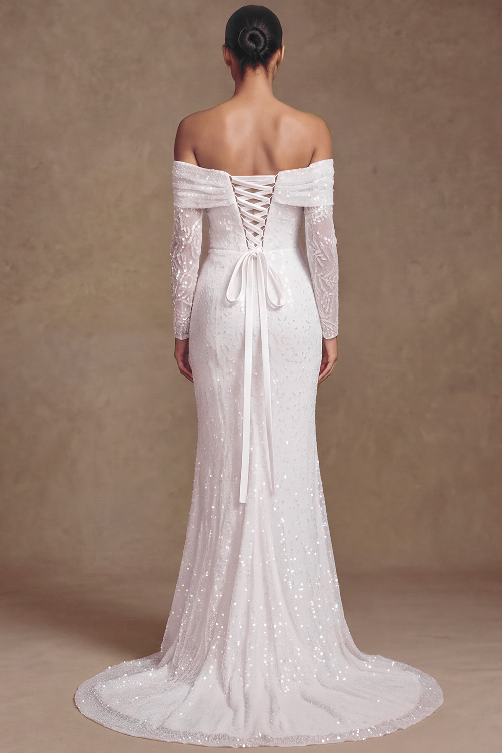 Glitter White Mermaid Off the Shoulder Sequins Sweep Train Wedding Dress
