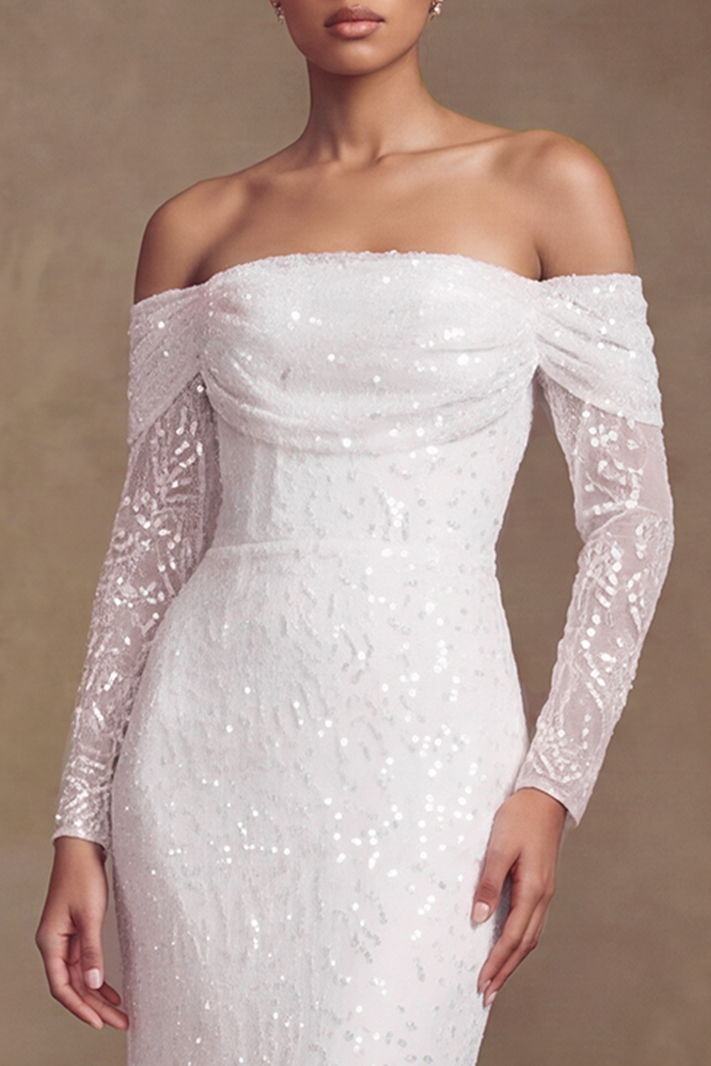 Glitter White Mermaid Off the Shoulder Sequins Sweep Train Wedding Dress