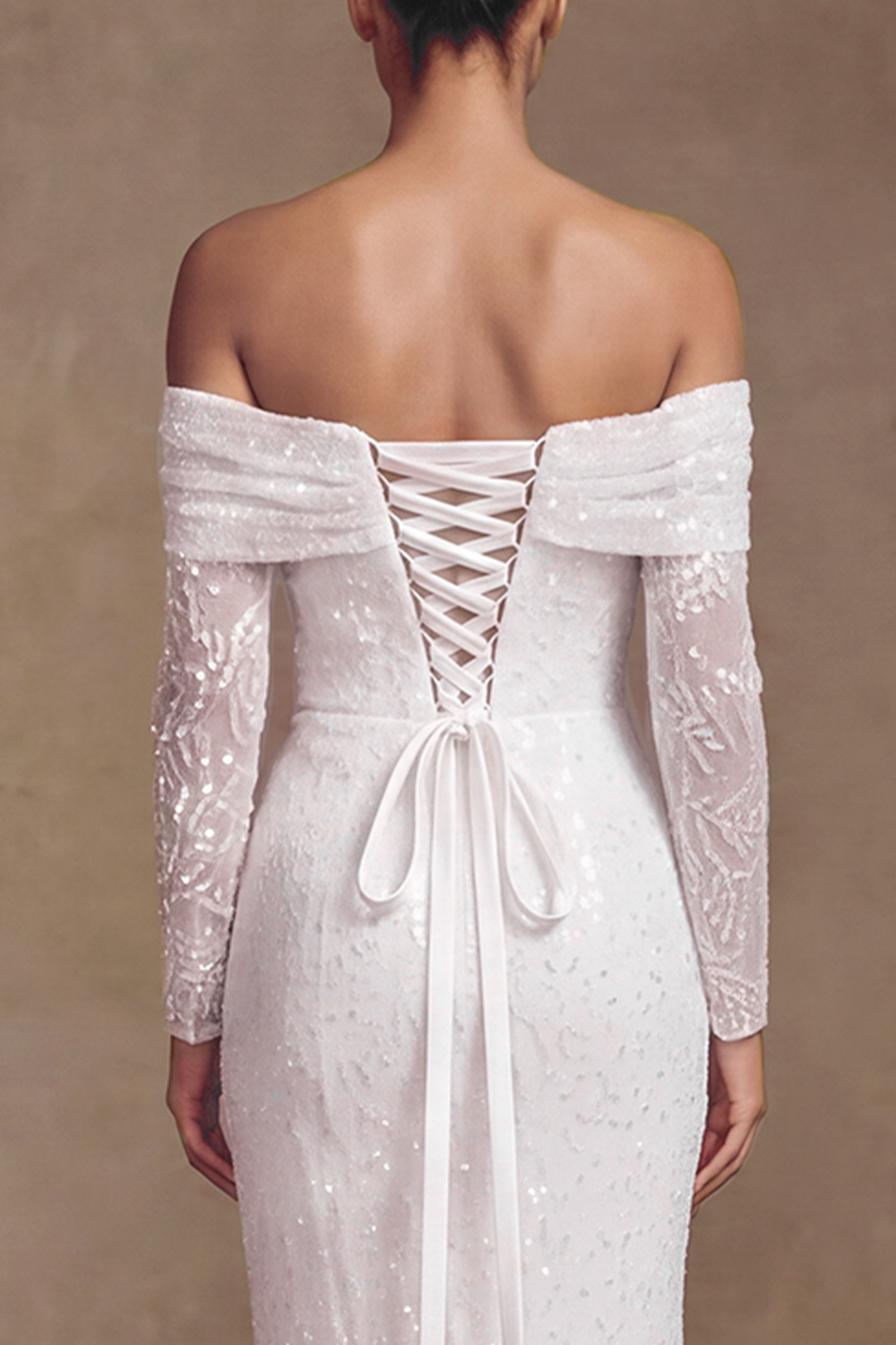 Glitter White Mermaid Off the Shoulder Sequins Sweep Train Wedding Dress