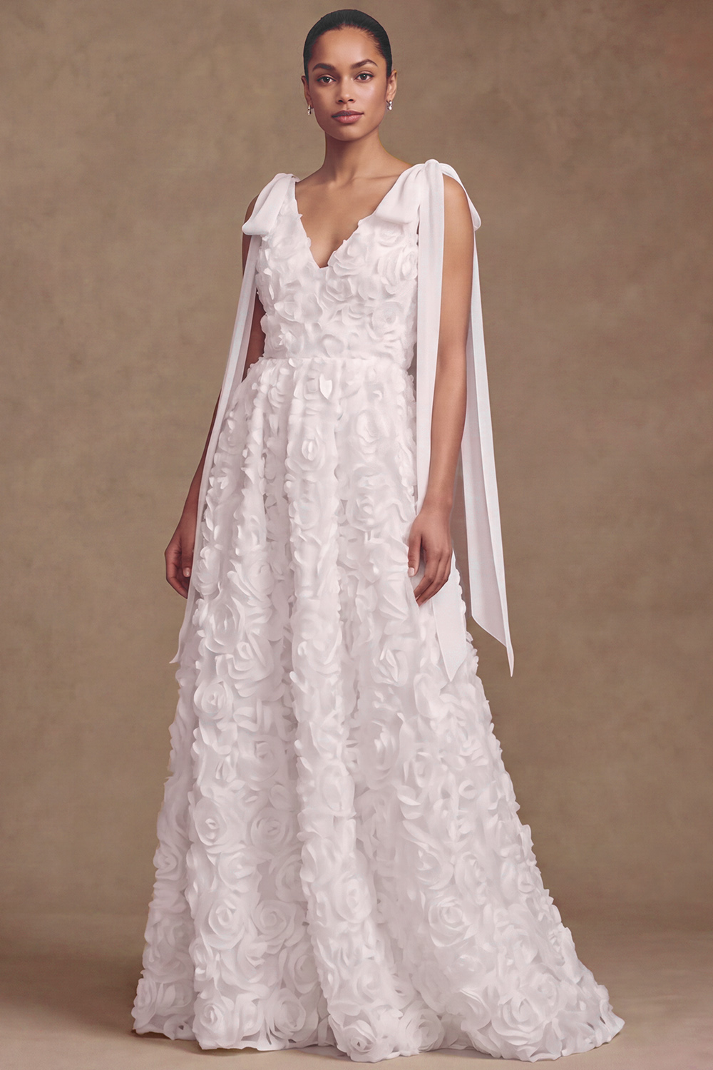 White A-Line V-Neck Floral Floor Length Wedding Dress with Bows
