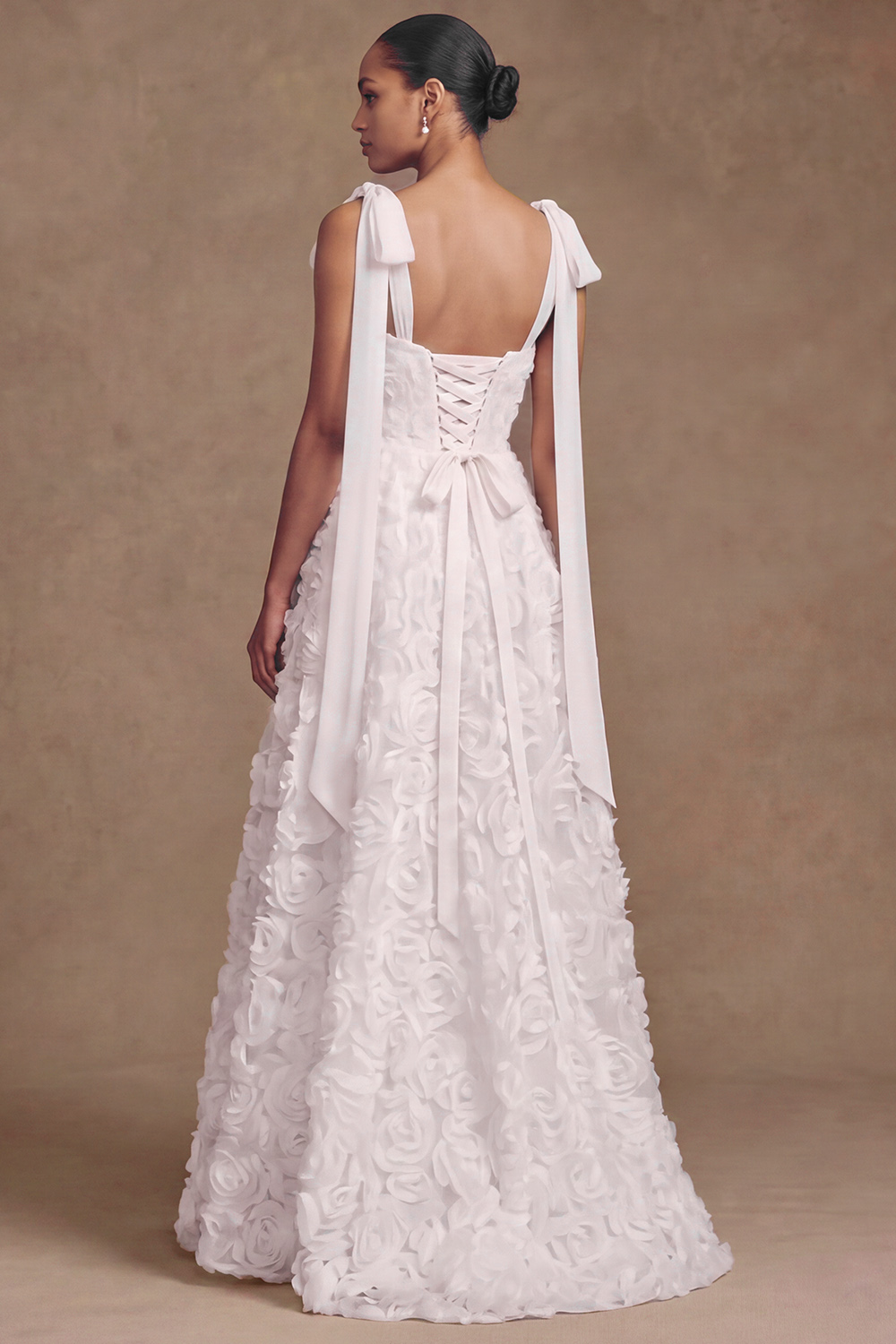 White A-Line V-Neck Floral Floor Length Wedding Dress with Bows