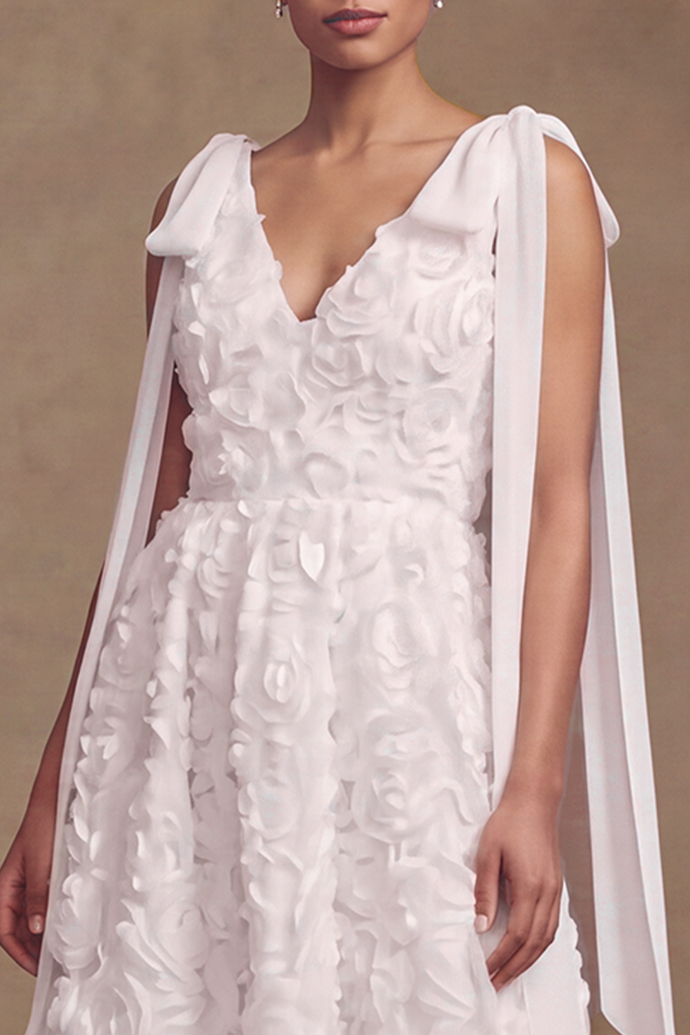 White A-Line V-Neck Floral Floor Length Wedding Dress with Bows