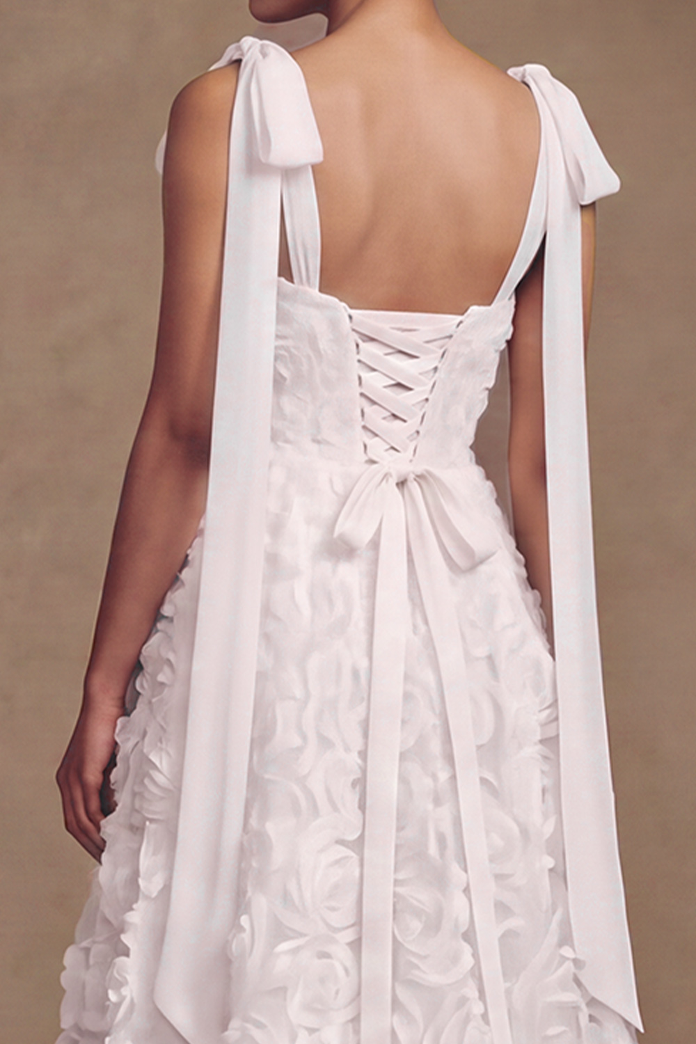 White A-Line V-Neck Floral Floor Length Wedding Dress with Bows