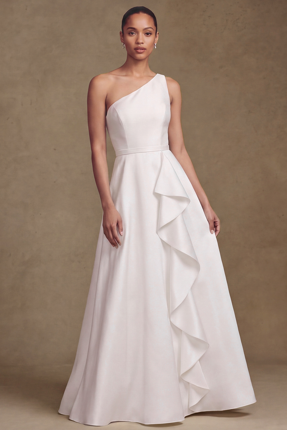 White A-Line One Shoulder Ruffled Sweep Train Satin Wedding Dress