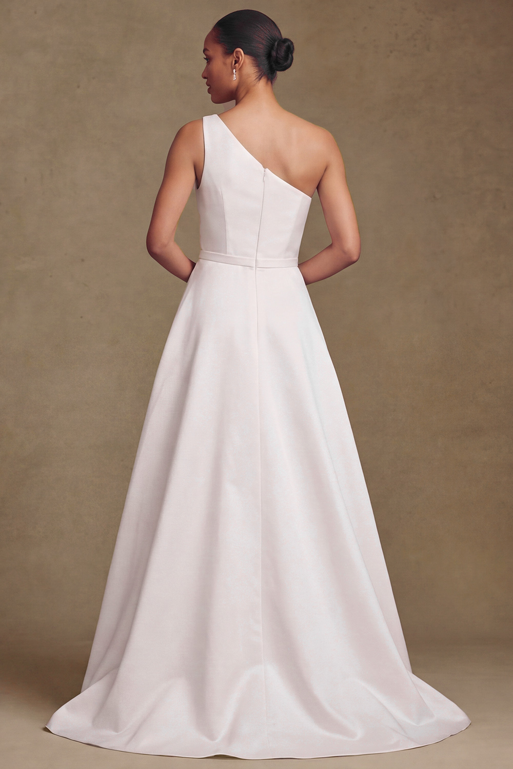 White A-Line One Shoulder Ruffled Sweep Train Satin Wedding Dress