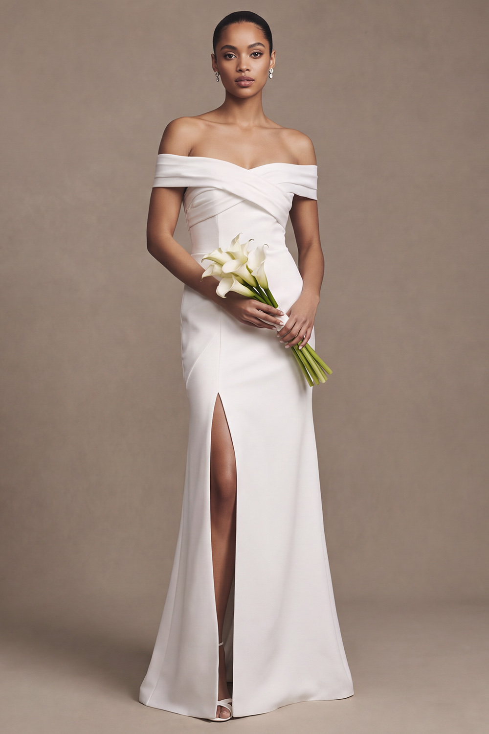 White Sheath Off the Shoulder Satin Simple Wedding Dress with Slit