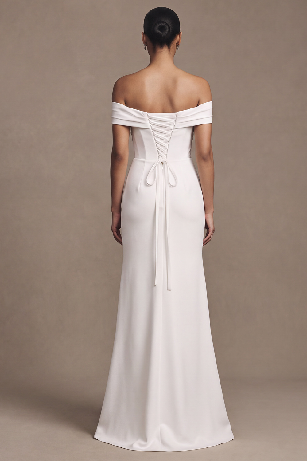 White Sheath Off the Shoulder Satin Simple Wedding Dress with Slit