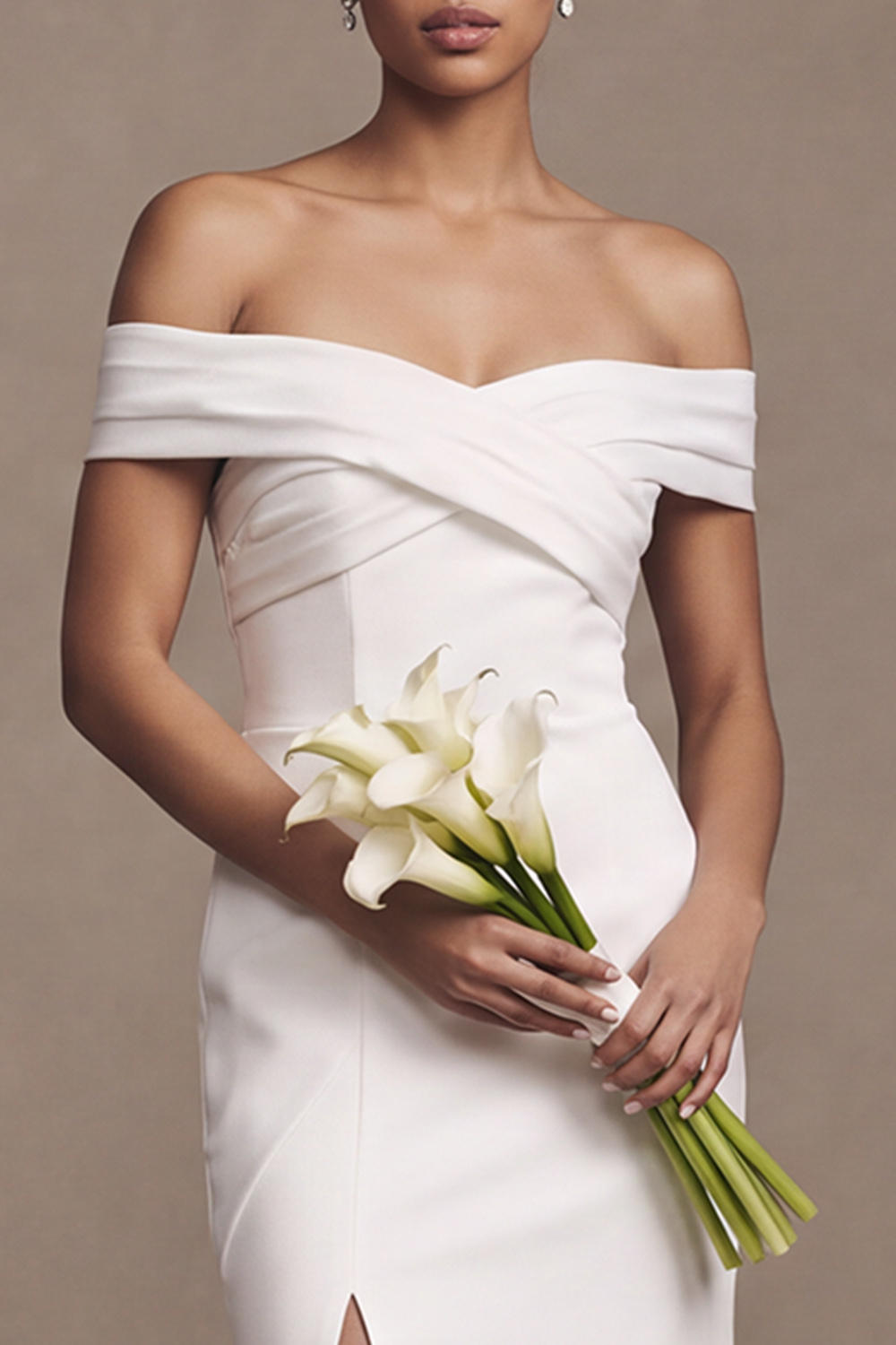White Sheath Off the Shoulder Satin Simple Wedding Dress with Slit
