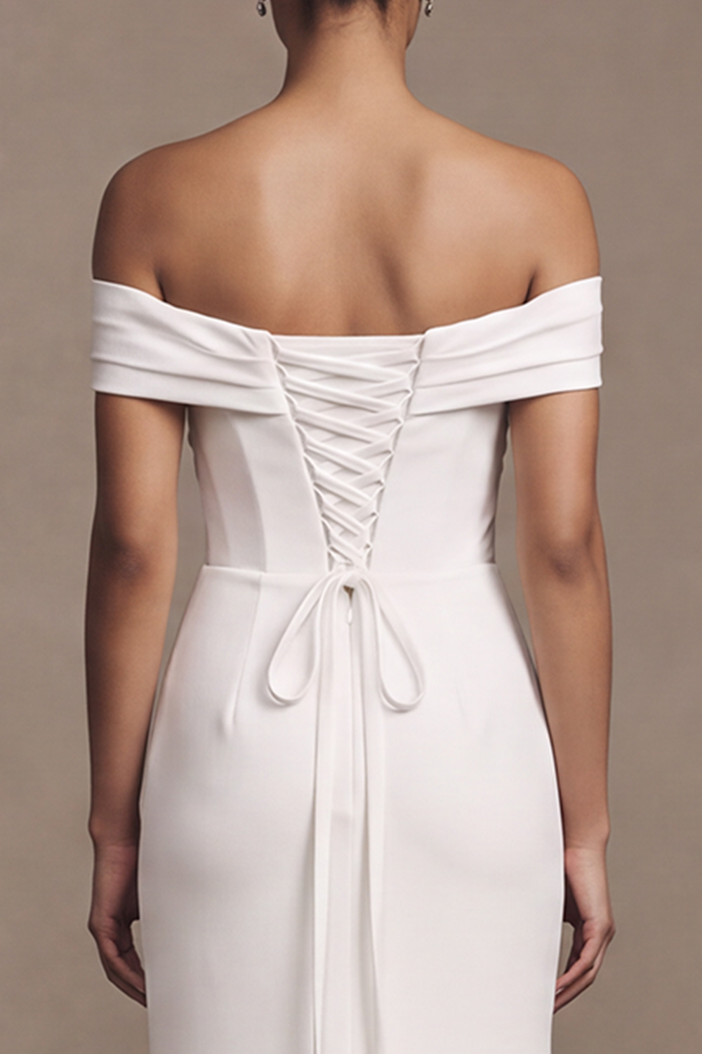 White Sheath Off the Shoulder Satin Simple Wedding Dress with Slit