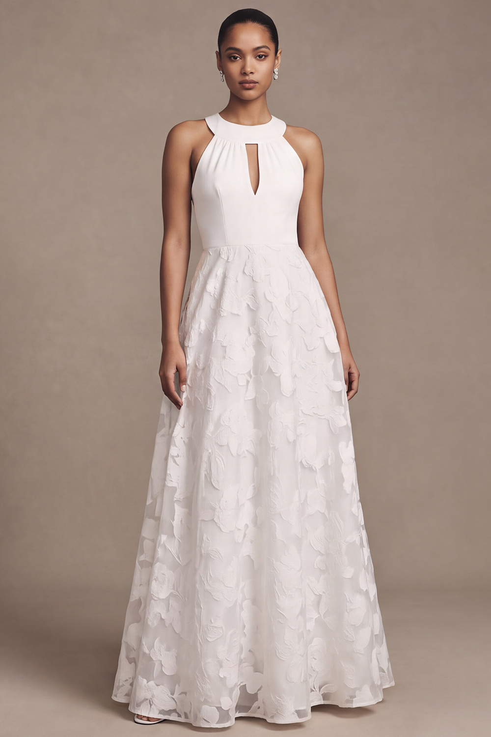 White A-Line Halter Keyhole Floral Lace Wedding Dress