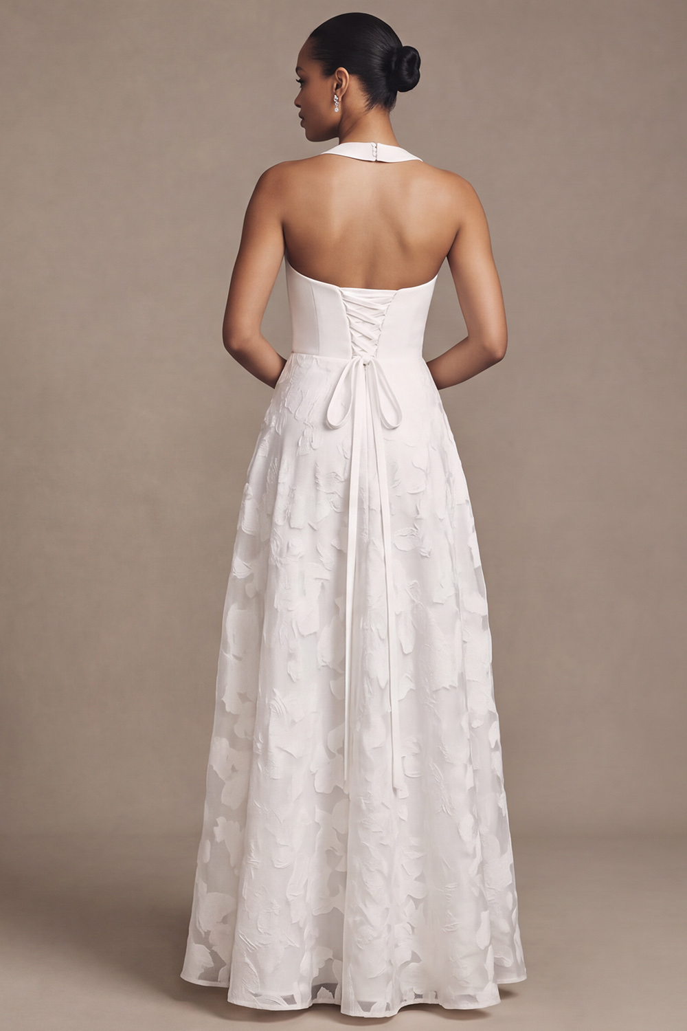 White A-Line Halter Keyhole Floral Lace Wedding Dress