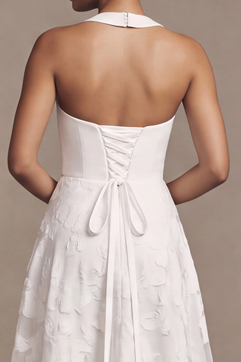 White A-Line Halter Keyhole Floral Lace Wedding Dress