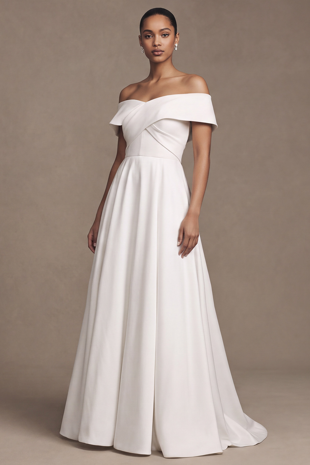 White A-Line Off the Shoulder Simple Satin Wedding Dress