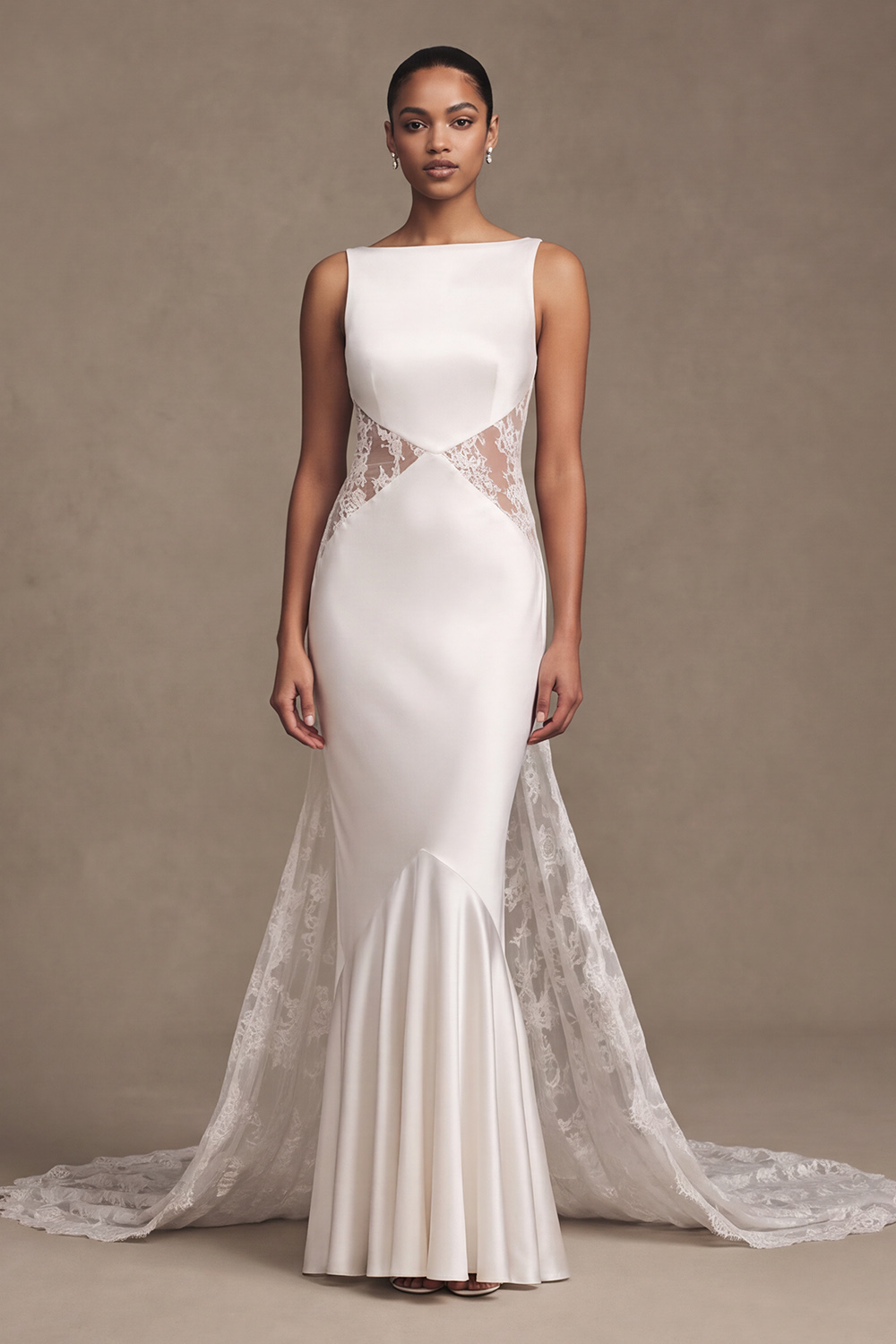White Mermaid Bateau Neck Satin Watteau Train Wedding Dress with Lace